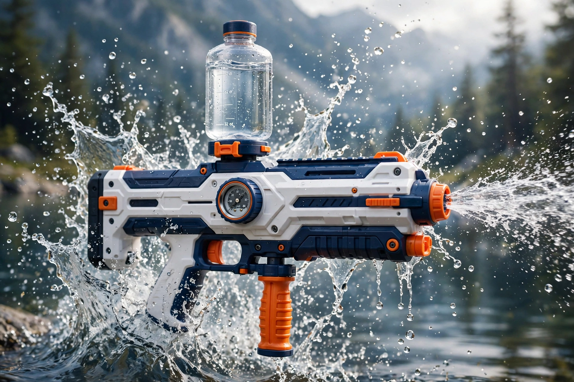 TORRENT modular water blaster with clear bottle reservoir, water splashing