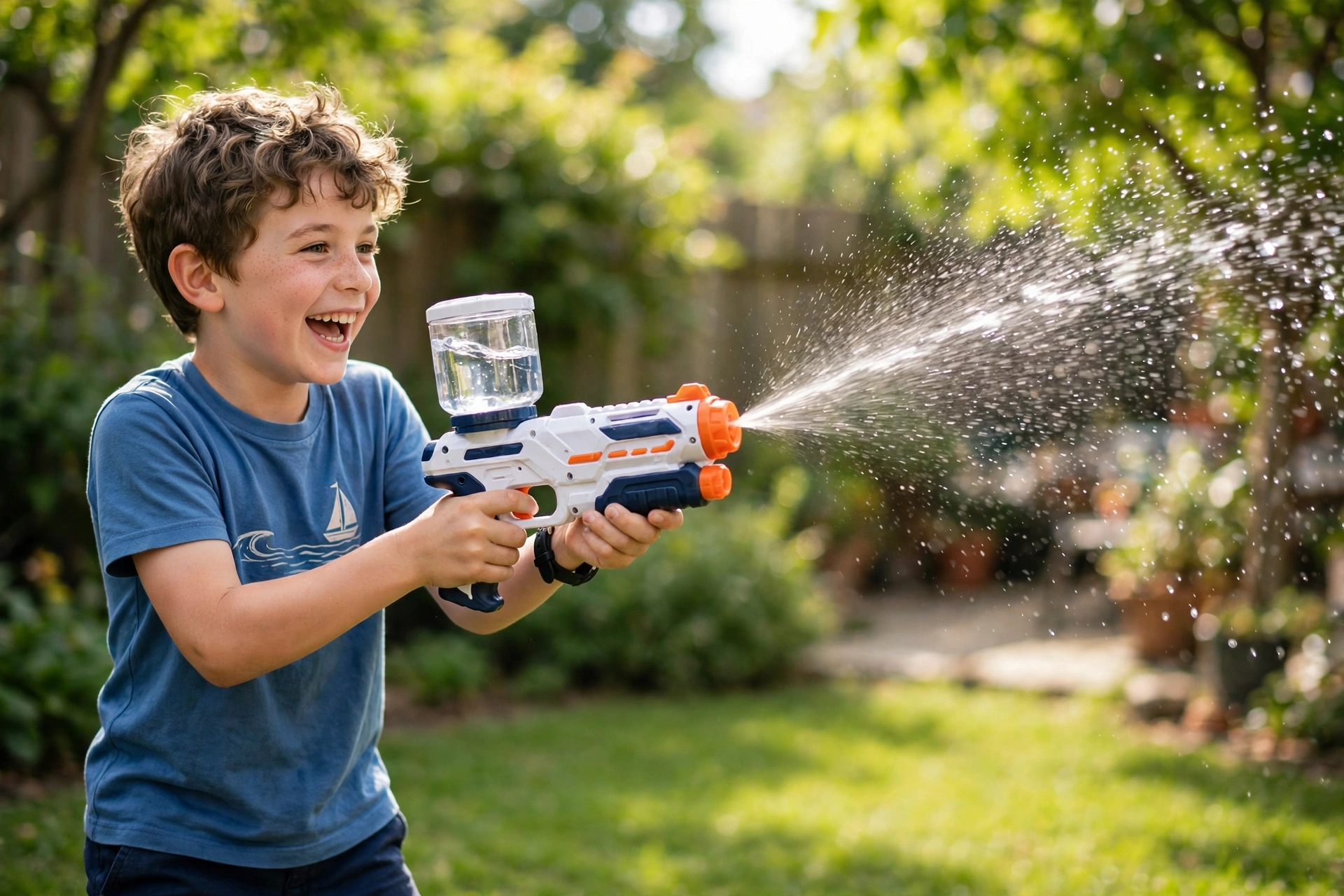 Kid gleefully firing the TORRENT water blaster in a backyard